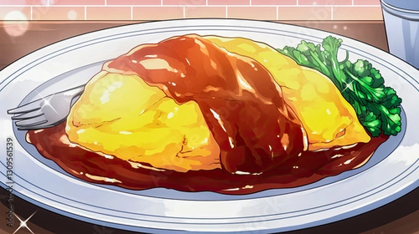 Fototapeta Delicious plate of chicken in sauce served with fluffy golden omurice and broccoli on a white plate garnished with fresh herbs