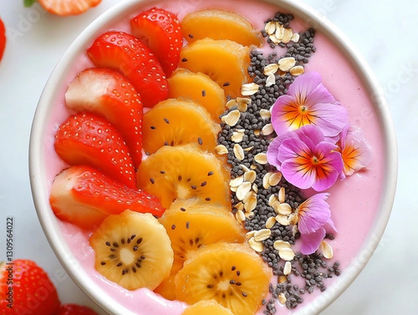 Fototapeta Fruits in a bowl of yogurt from above, gourmet breakfast 