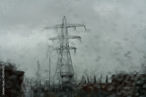 Obraz Looking at electricity pylons through a car windscreen on a wet stormy day