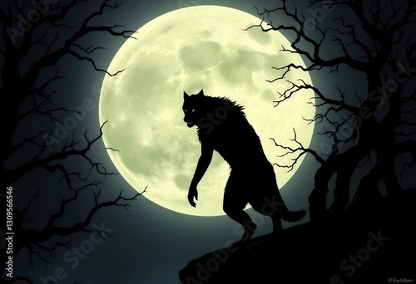 Obraz Silhouette of Werewolf Walking Under Full Moon in Dark Forest
