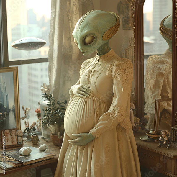 Fototapeta In New York, a pregnant alien woman stands in front of a full-length mirror, gently hugging her round belly, emerald green skin, light-colored outfit