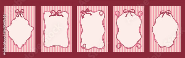 Fototapeta Set of vertical cards with hand drawn curly ribbon frames and bows. Elegant design with copy space in retro style. Perfect for wedding, birthday and other holidays.