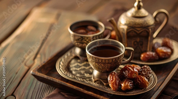 Obraz Traditional coffee and dates served on decorative tray
