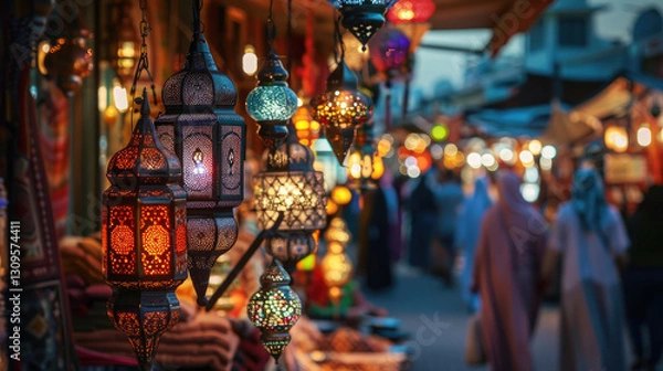 Obraz Colorful lanterns illuminate vibrant market scene at dusk