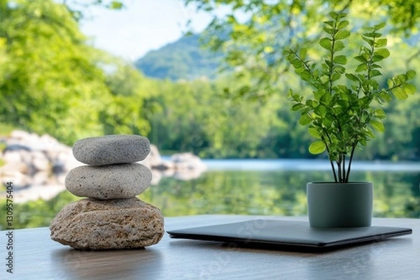 Fototapeta Tranquil Workspace with Rocks and Plant by Scenic Water Background in Busy Office Environment