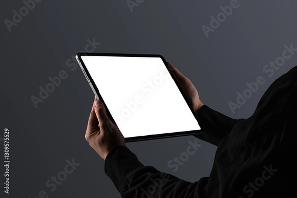 Obraz A person dressed in black holding a tablet in landscape orientation. Isolated blank mockup surface to place your design. 
