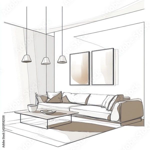 Fototapeta Modern living room sketch with sofa, coffee table, and artwork.