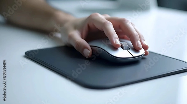Obraz close-up, top-down view: A relaxed, pale-skinned hand with trimmed fingernails and a few scattered hairs on the back, rests naturally on a sleek, silver computer mouse with a subtle sheen, while worki