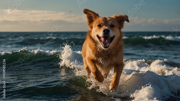 Obraz dog playing on the beach. generated ai