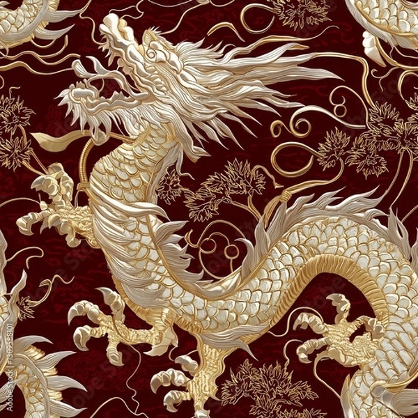 Fototapeta Elegant seamless pattern featuring majestic dragons amidst ornate floral designs in rich, warm tones
