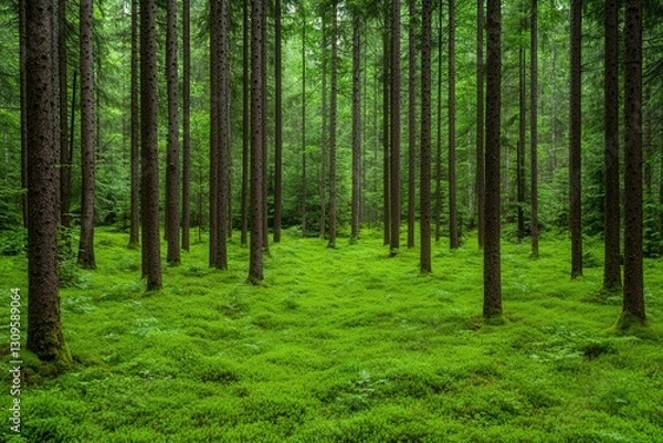 Fototapeta A serene forest scene with tall trees surrounded by vibrant green moss, creating a peaceful and lush environment.