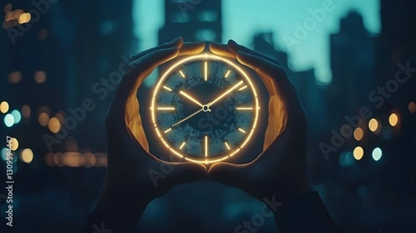 Obraz A glowing clock with illuminated hands at the center of a night city skyline emphasizing the balance and management of time as a key aspect of leadership and influence in the modern urban landscape