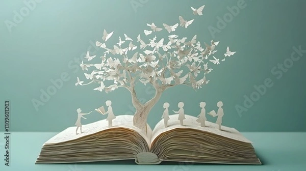 Obraz An open book with knowledge flowing into the minds of children captured in a captivating paper art composition featuring a tree like structure butterflies and a vibrant color palette