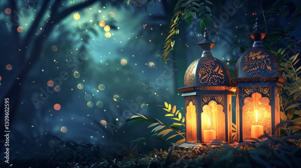 Obraz serene night scene with glowing lanterns and soft lights,on Ramadan,Hari Raya Aidilfitri,Eid-Ul-Fitr