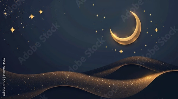 Obraz serene night scene with crescent moon and stars,on Ramadan,Hari Raya Aidilfitri,Eid-Ul-Fitr