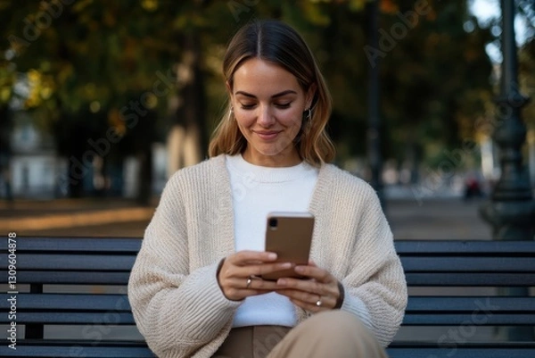 Fototapeta A joyful woman sits on a park bench, smiling as she interacts with her phone, surrounded by greenery that adds a serene and peaceful atmosphere to her moment of connection.