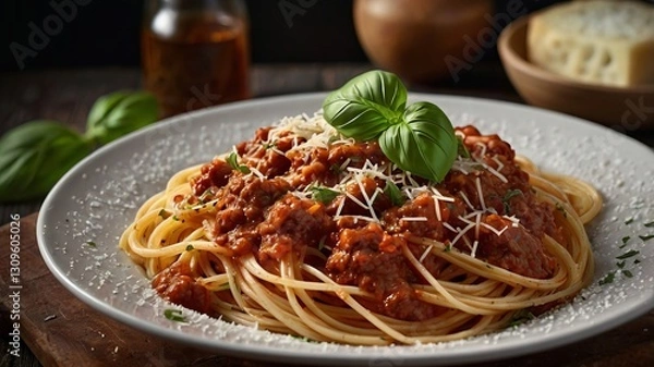 Fototapeta Spaghetti with Rich Meat Sauce, Basil, and Parmesan #3