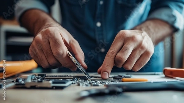 Fototapeta Close up of technician's hands using tools to repair a computer motherboard, highlighting the precision and skill involved in electronics repair