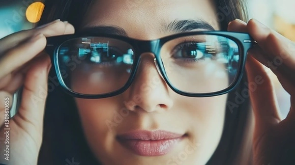 Obraz Close up portrait of a serious focused leader wearing glasses and analyzing data displayed on a high tech futuristic innovation dashboard  The executive is deeply engaged in the digital interface