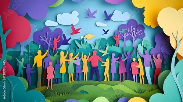 Obraz Colorful and Whimsical Paper Cut Depicting a Diverse Community Gathering Together in a Lush Imaginative Park Setting