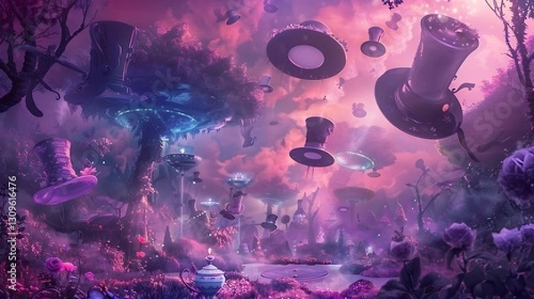 Obraz Surreal Wonderland: A Dreamlike Landscape of Floating Hats and Purple Flora