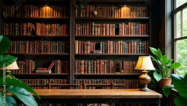 Fototapeta A well-lit study featuring antique books on wooden shelves, illuminated by table lamps, with lush green plants adding a touch of nature