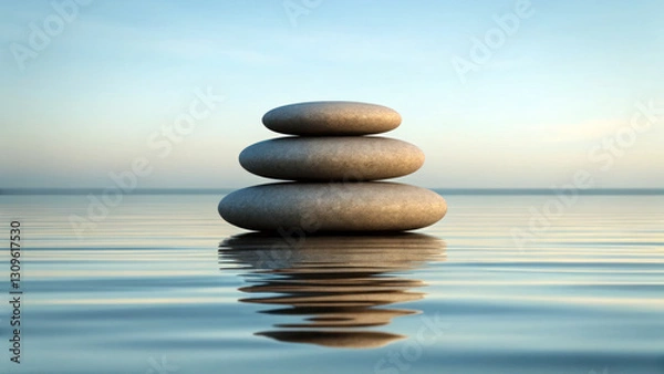 Fototapeta minimalist zen rock stack on calm water surface reflects tranquility and peace