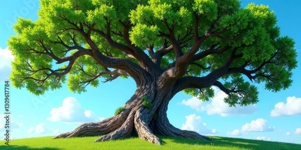 Fototapeta Majestic ancient tree with sprawling branches, vibrant green leaves, and massive roots, standing tall on a verdant hill under a bright blue sky with fluffy clouds