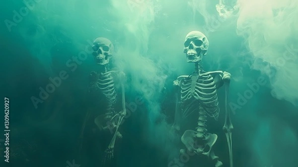 Obraz depiction of glowing human skeletal figures floating in a serene misty and otherworldly environment creating a sense of mystery and the supernatural