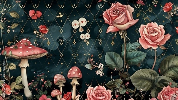 Fototapeta Enchanted Garden: A Whimsical Wonderland of Roses and Mushrooms