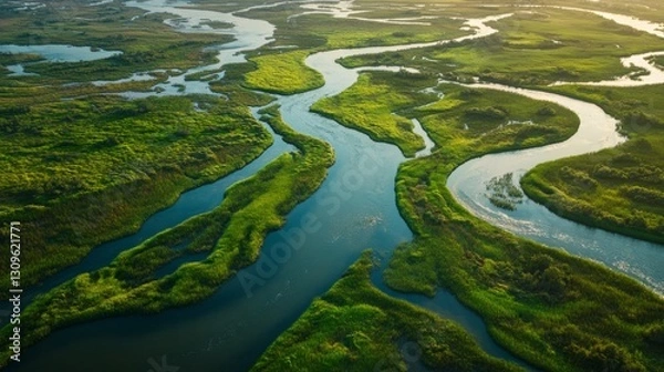 Fototapeta Breathtaking Aerial View of Verdant Meandering Water Channels