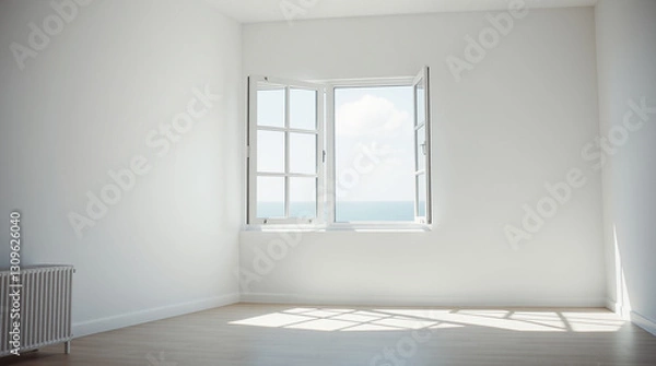 Fototapeta A bright and airy room with an open window, fresh air flowing in, symbolizing mental clarity – Generative AI
