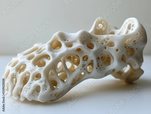 Fototapeta 3D-Printed Bone Scaffold: A Detailed View of Advanced Bioengineering, Showcasing Intricate Porous Structure and Innovative Material Science on Clean White Background.