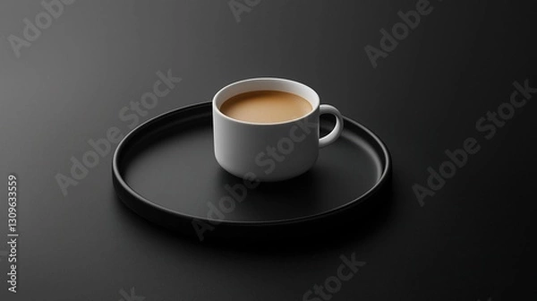 Obraz 3d rendering of a white cup of coffee on a black saucer. the cup is placed on a flat surface and is facing towards the right side of the image.