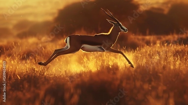 Obraz Golden Hour Springbok Leap: A Majestic Silhouette Against the African Sunset