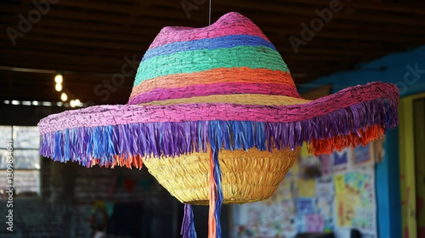 Fototapeta A colorful sombrero piñata hangs brightly, ready to be broken.
