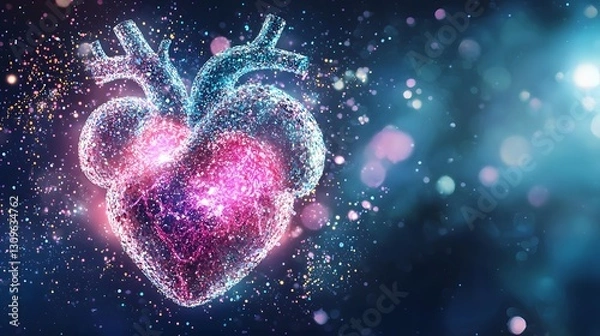 Obraz Glowing Cosmic Heart   Surreal Digital of a Cross Section of a Human Heart Surrounded by Shimmering Particles in a Cosmic Style Background