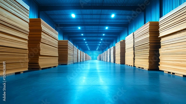 Obraz Large industrial warehouse filled with stacked wooden plates or panels, arranged in long rows. Spacious storage facility is illuminated by bright overhead lights, reflecting on smooth concrete floor