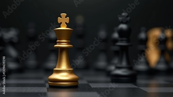 Fototapeta Golden King's Strategic Stance: A striking gold chess king stands poised on a chessboard amidst a strategic layout, symbolizing power, strategy, and the art of calculated moves. 