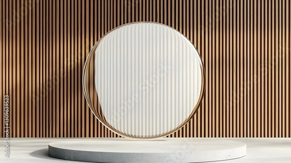Fototapeta Elegant Round Mirror with Wooden Striped Wall and Minimalist Display