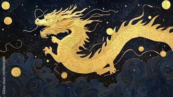 Obraz Majestic golden paper cut dragon soaring gracefully across a starry night sky celebrating the upcoming arrival of 2026  This magical mythical creature is a symbol of power luck
