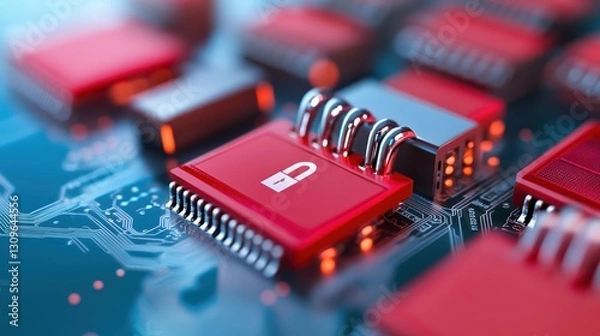Fototapeta Closeup of red computer chip with white button, technology, electronics, and digital innovation