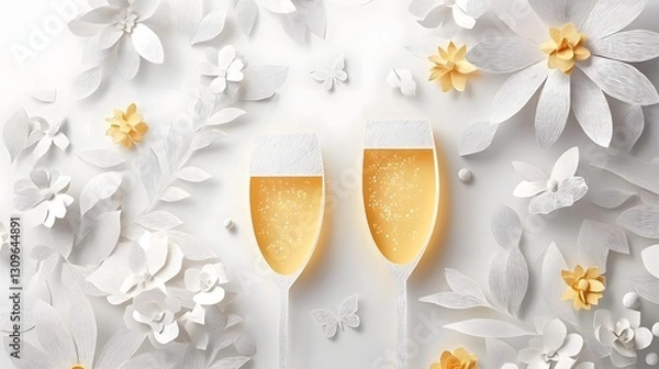 Obraz Minimalist Paper Cut Design of Champagne Glasses Clinking for 2026 New Year Elegant and Festive Concept with Floral and Butterfly Elements