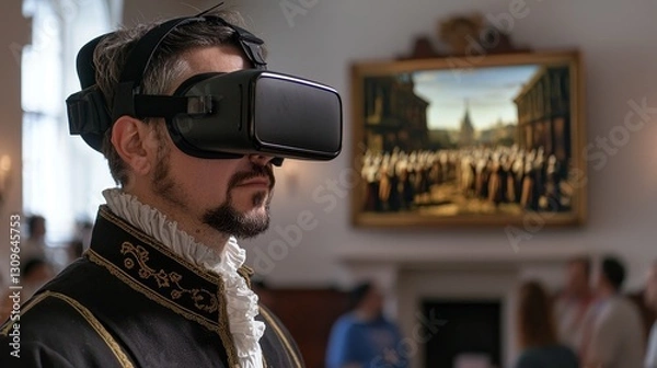 Fototapeta Man in Virtual Reality Headset Experiencing Historical Reenactment in Museum Setting