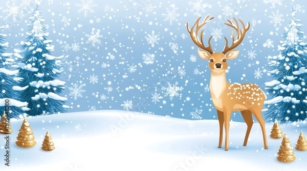 Obraz Illustration Deer standing in snowy winter forest scene with trees and falling snow, for Christmas card use