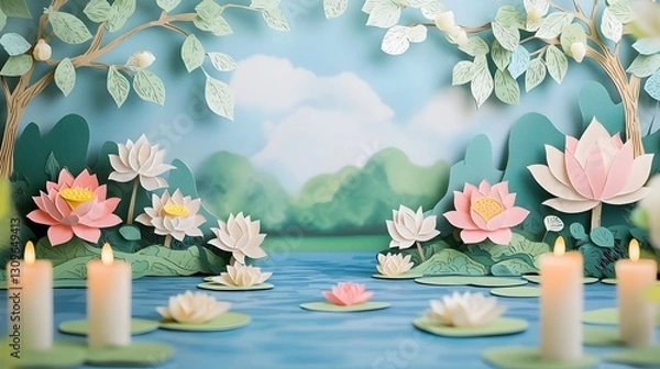 Obraz Serene paper cut lotus flowers floating on a peaceful river with burning candles celebrating the traditional Songkran water festival in Thailand  A tranquil meditative