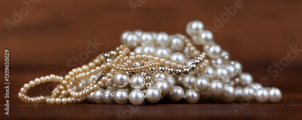 Obraz White and gold pearls, female jewelry necklaces. Wealth, luxury gift shopping background or banner.