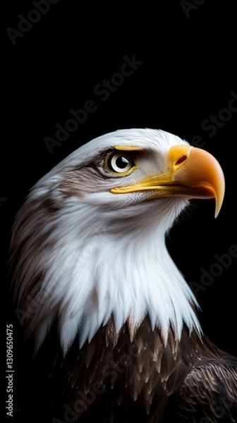 Fototapeta Striking Portrait of a Bald Eagle Head with Focused Gaze and Intense Expression on Black Backdrop