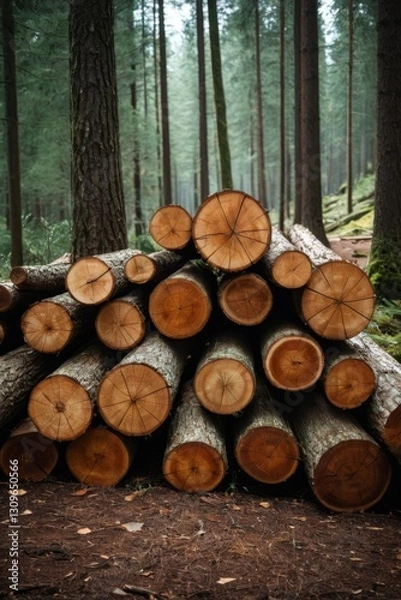 Fototapeta there is a pile of logs sitting in the middle of the forest