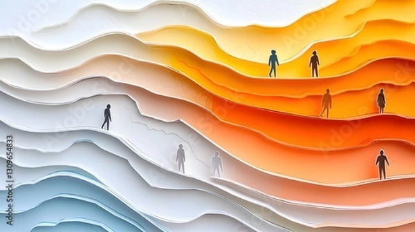 Obraz Symbolic paper cut layered landscape representation of mentorship guidance and leadership  Silhouetted figures on a path through geometric dunes and sunset skies